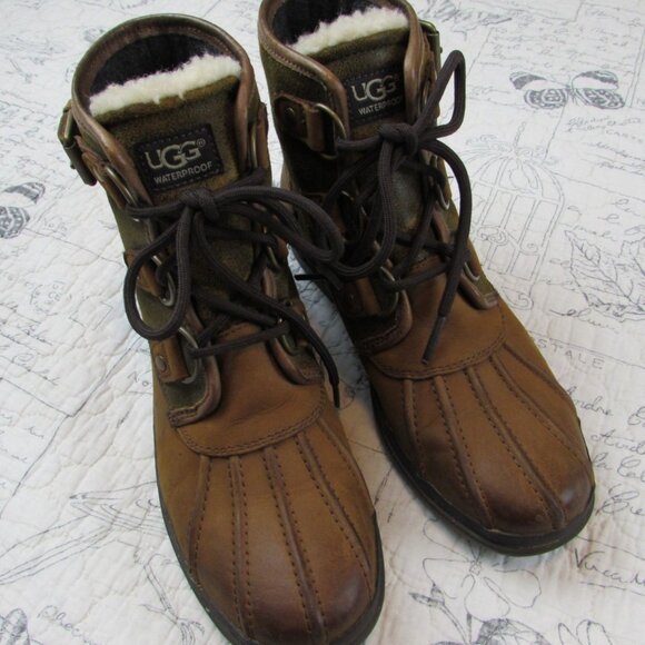 UGG Cecile Brown Waterproof Leather Ankle Duck Boots 1007999 Fur Felt Lined 5.5 - Picture 4 of 8